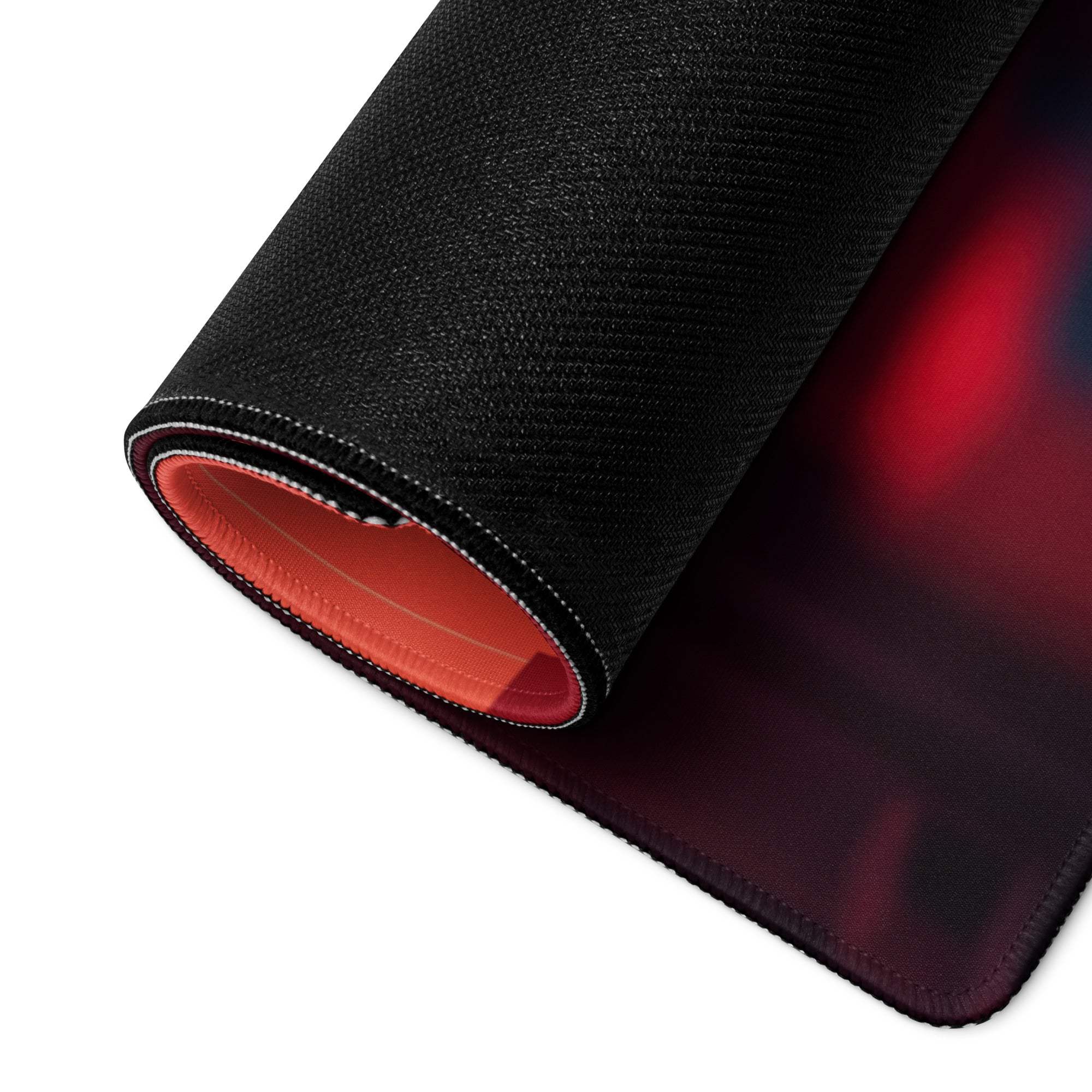 Cyberpunk neon city gradient red blue gaming mouse pad with black textured back and orange lining