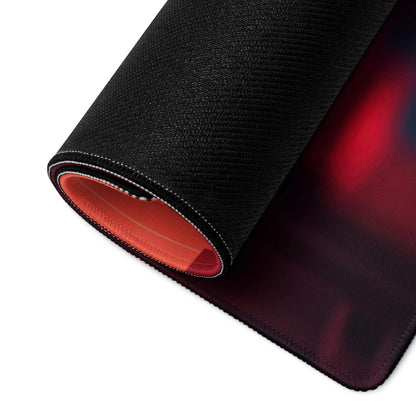 Cyberpunk neon city gradient red blue gaming mouse pad with black textured back and orange lining