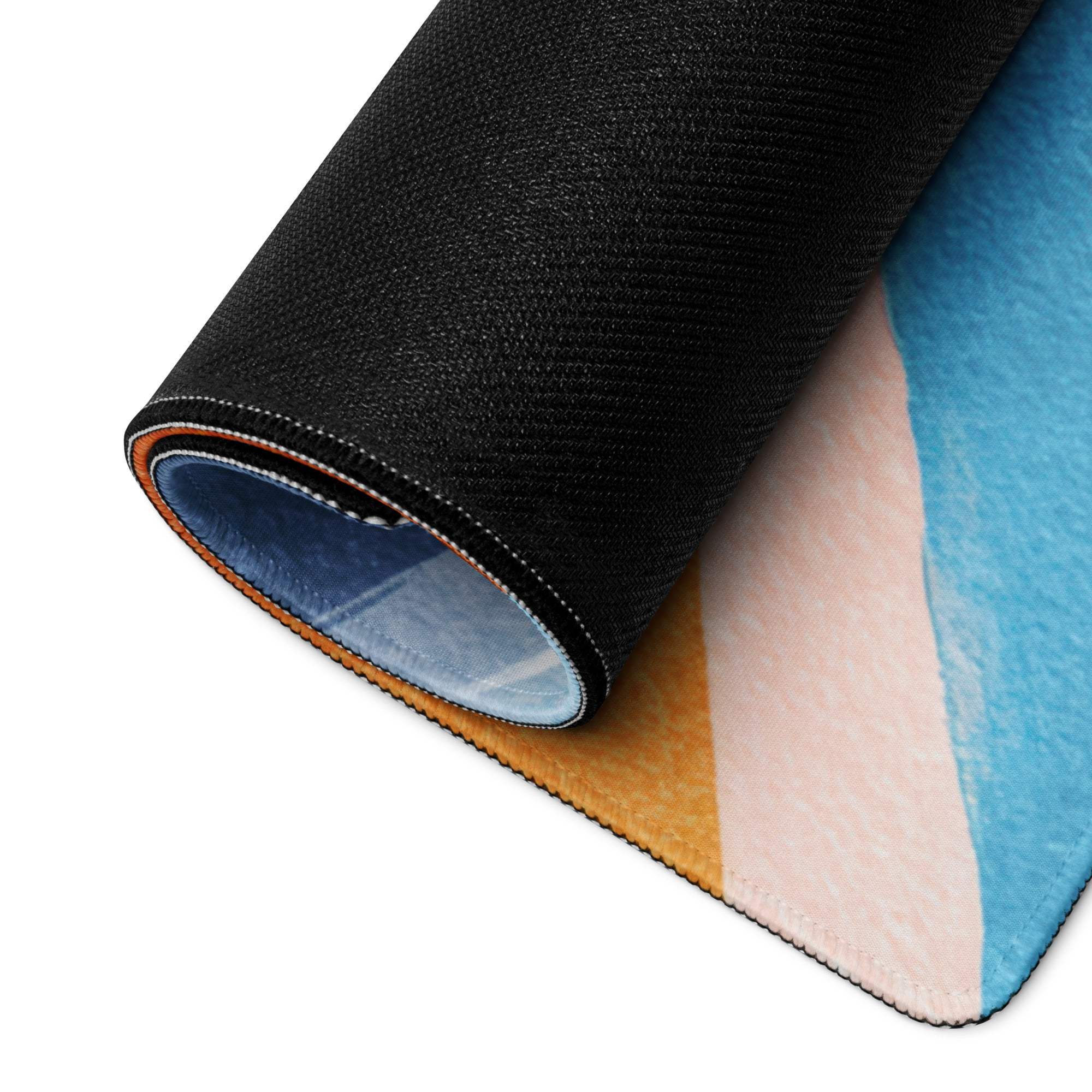 Vibrant abstract waves gaming mouse pad with bold blue peach yellow stripes