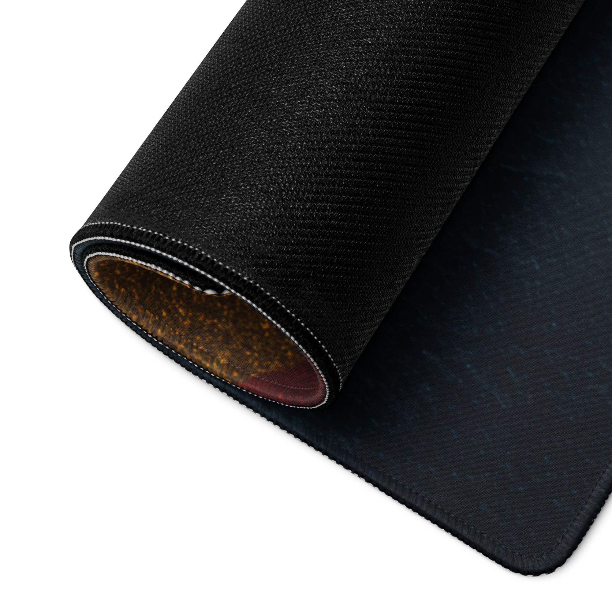 Back of large premium dark gold striped gaming mouse pad with cork non-slip base and stitched edges
