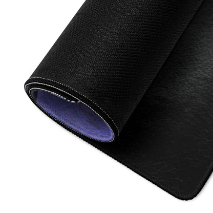 Black textured gaming mousepad with purple lining, stitched edges, non-slip base