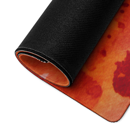 Vibrant fiery abstract gaming mouse pad rolled up with non-slip base