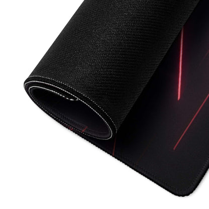 Black gaming mousepad with red neon lines, stitched edges, non-slip base