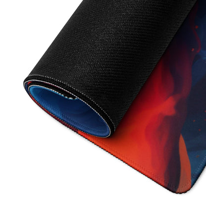 Rolled-up abstract neon swirl large non-slip gaming mouse pad in vibrant red blue cosmic design
