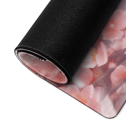 Rolled-up Pastel Floral Doves Cherry Blossom gaming mouse pad, black with pink blossoms