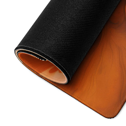 Back of vibrant multicolor gaming mouse pad with black textured exterior and orange leather interior