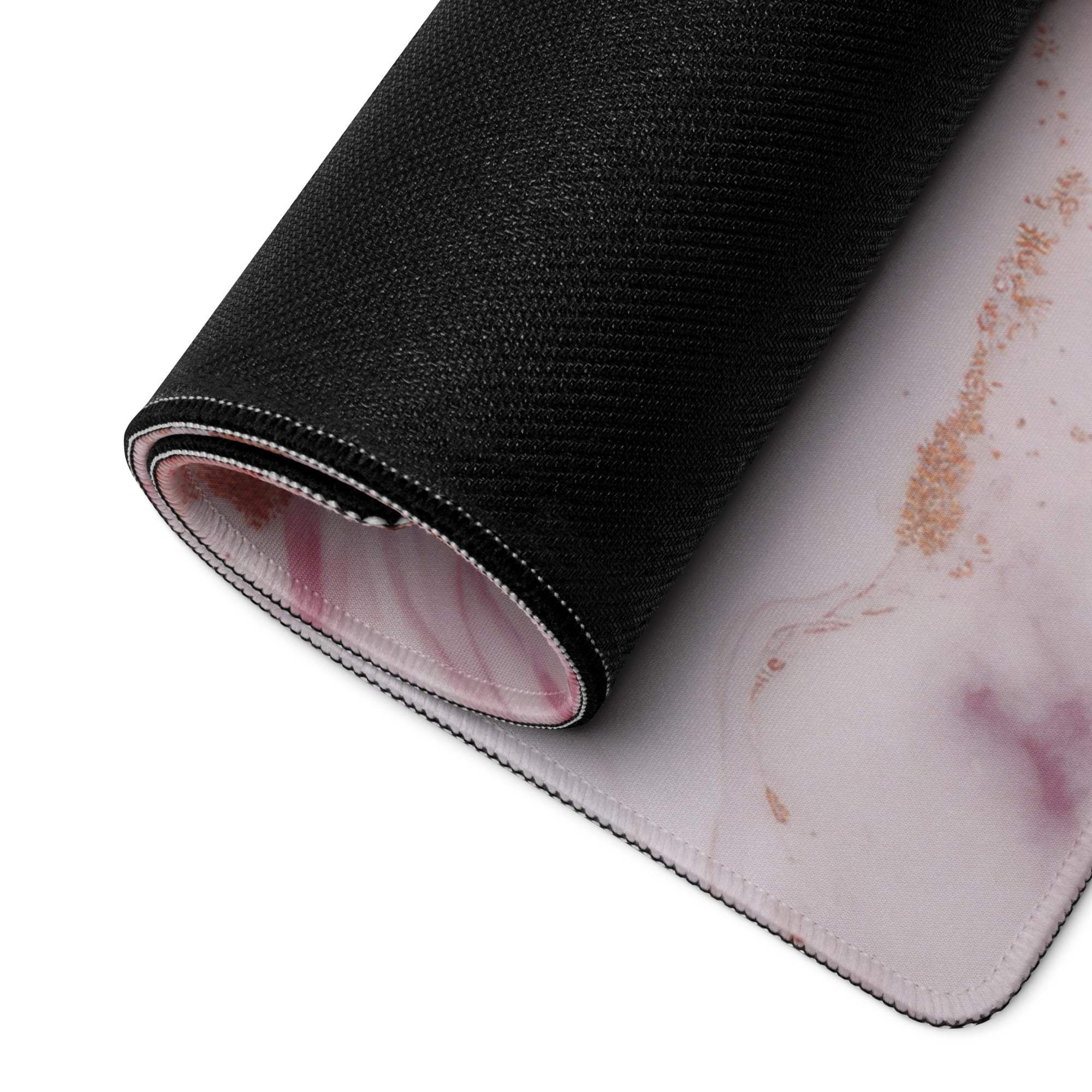 Rolled elegant pink gold marble gaming mouse pad with stitched edges