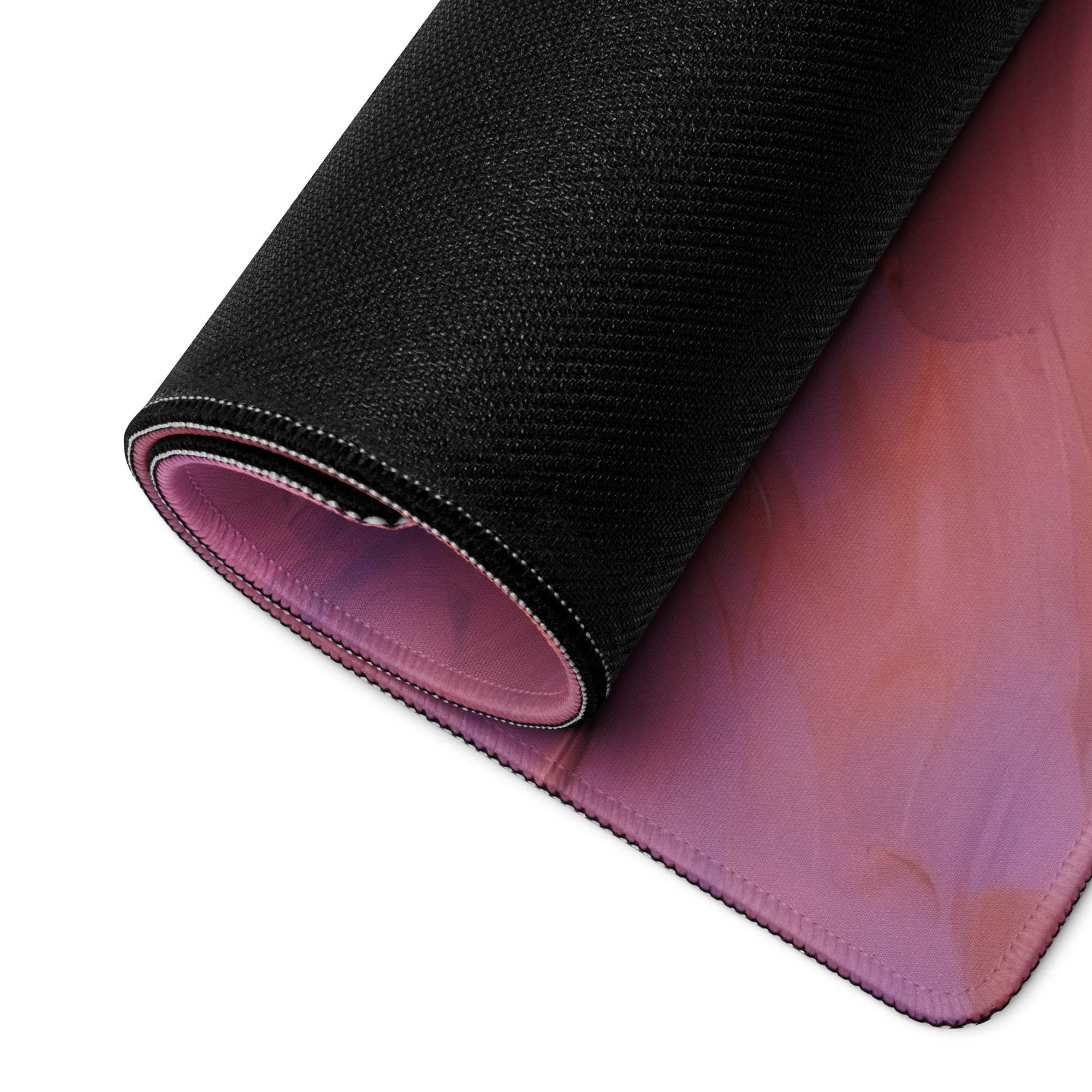 Black pink gradient sunset gaming mousepad with stitched edges non-slip backing