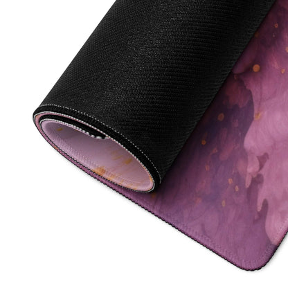 Rolled-up premium pink purple cosmic gaming mouse pad with non-slip base