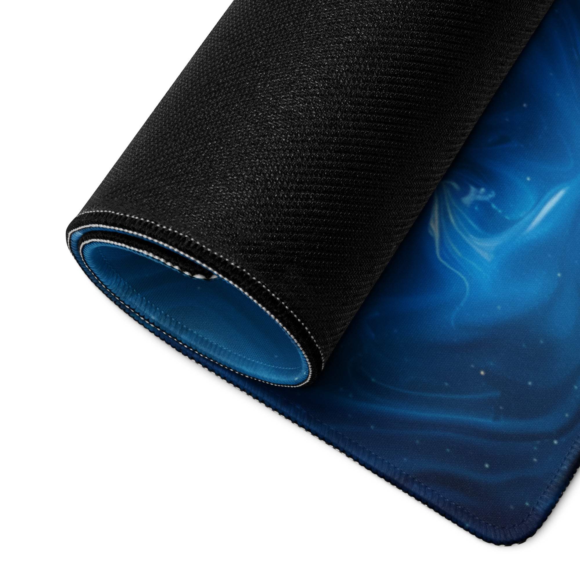Black blue cosmic gaming mousepad with textured edges and non-slip surface