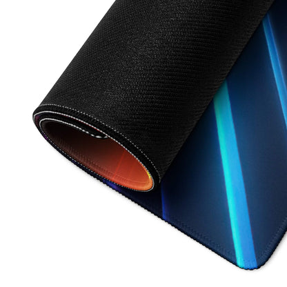 Black textured gaming mousepad with vibrant blue orange neon rainbow gradient