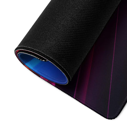 Black textured Futuristic Neon Horizon mousepad rolled showing stitched edge