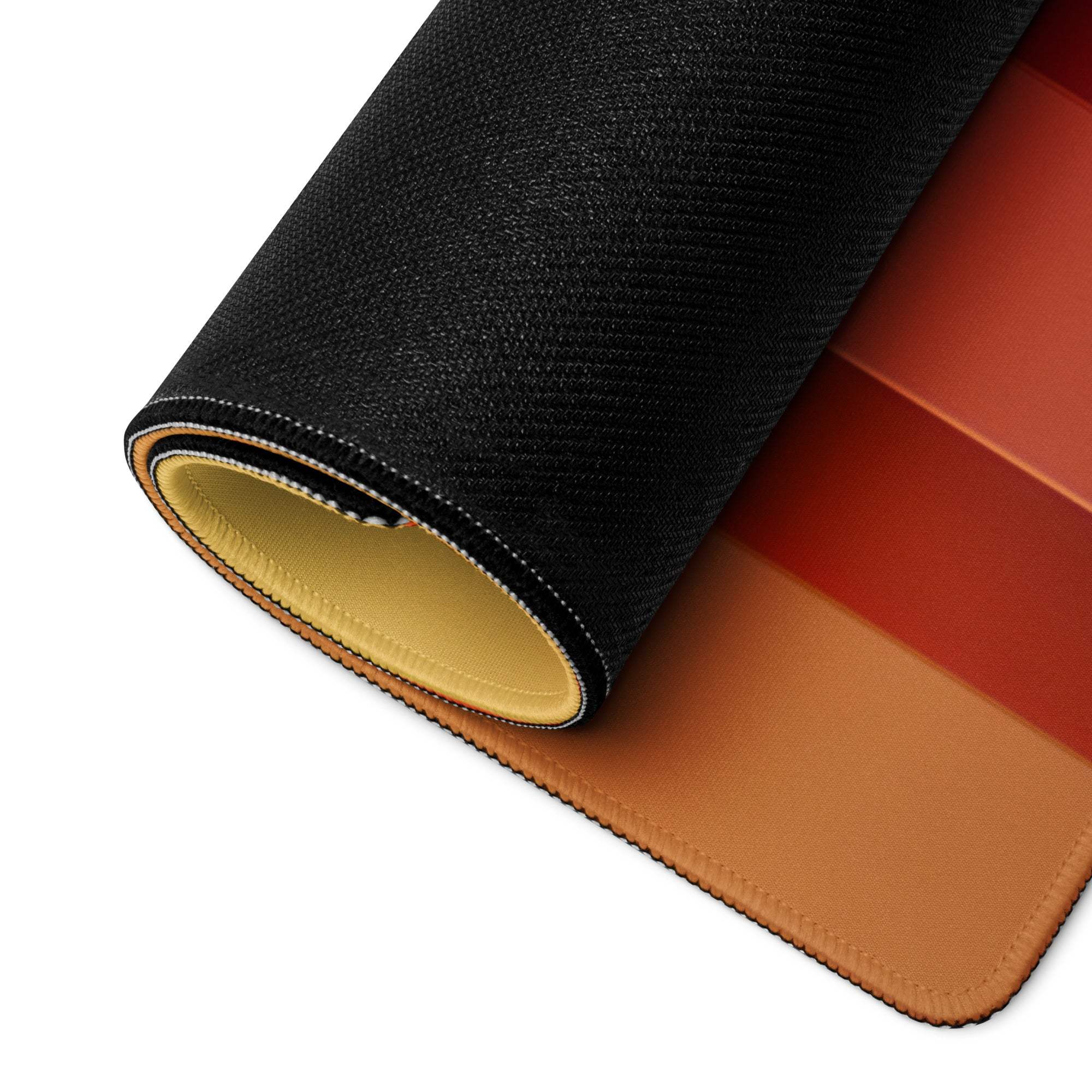Back of Vibrant Rainbow gaming mouse pad with black textured top, tan leather base and stitched edges