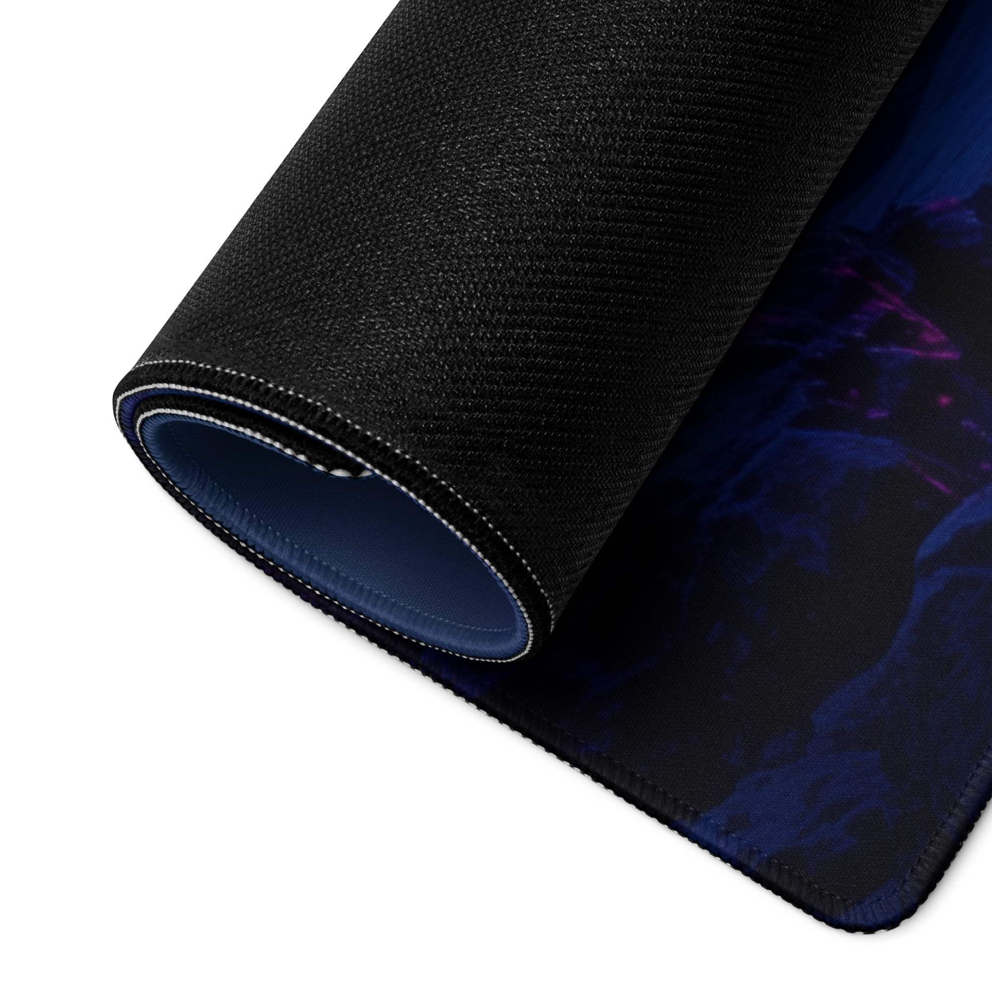 Black textured cosmic blue purple mousepad with neon glow mountain design