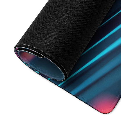 Rolled cyberpunk neon cityscape gaming mouse pad with blue-pink gradient and non-slip base