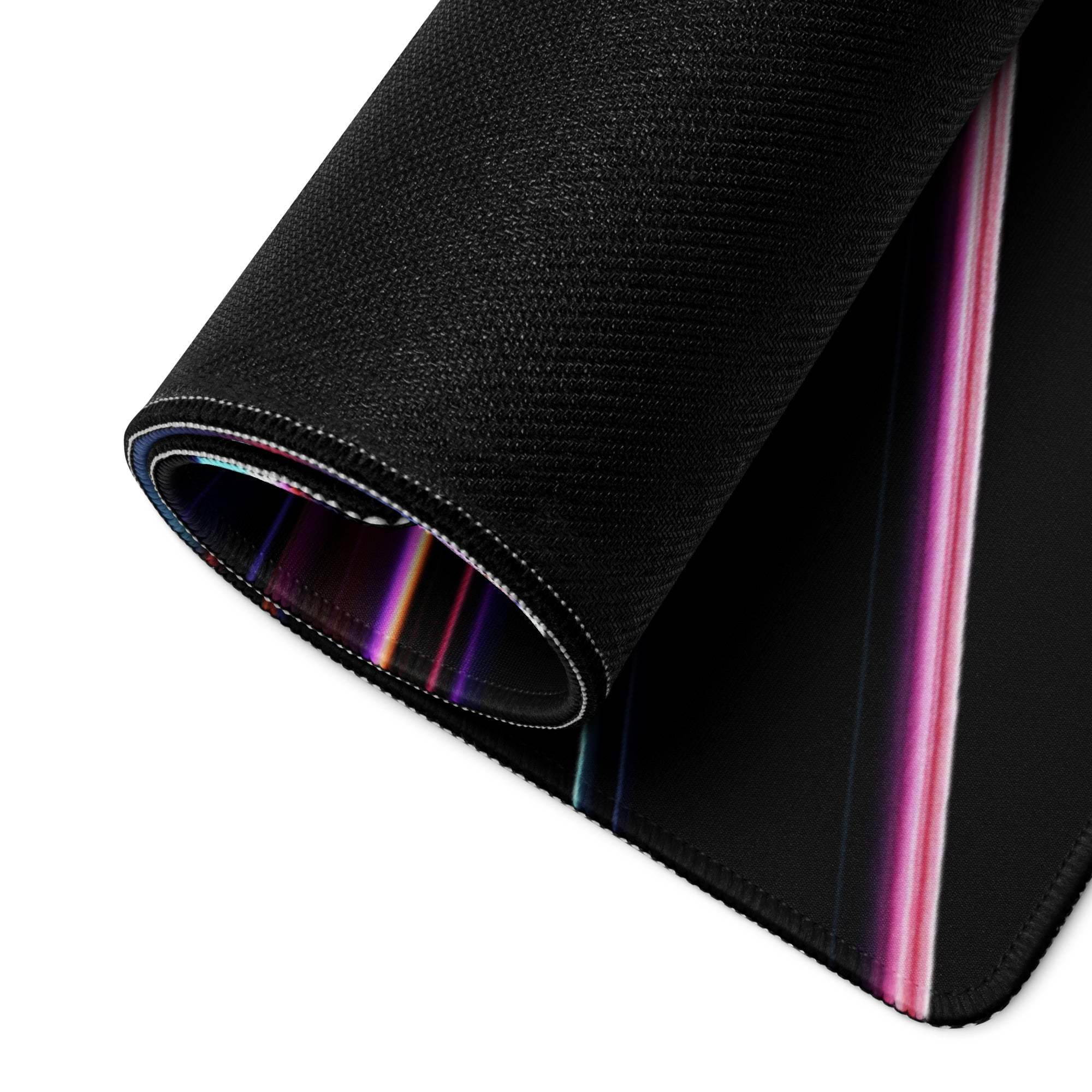 Black textured gaming mousepad with iridescent rainbow edge stripe