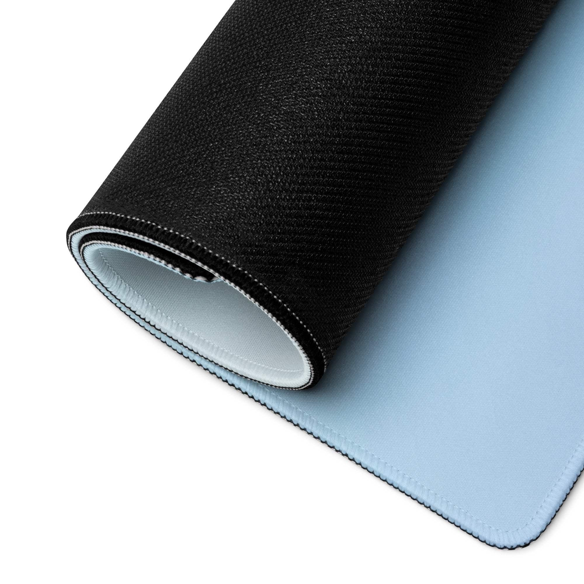 Black and light blue pastel gradient heart gaming mouse pad with stitched edges