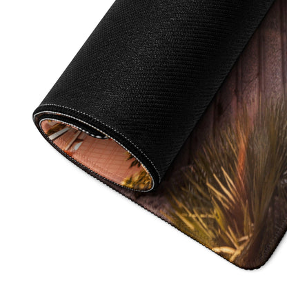Black textured gaming mouse pad with golden grasses print, stitched edges