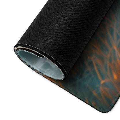 Premium moody teal large gaming mouse pad with black textured rolled edge, teal orange swirls, non-slip base, edge stitching