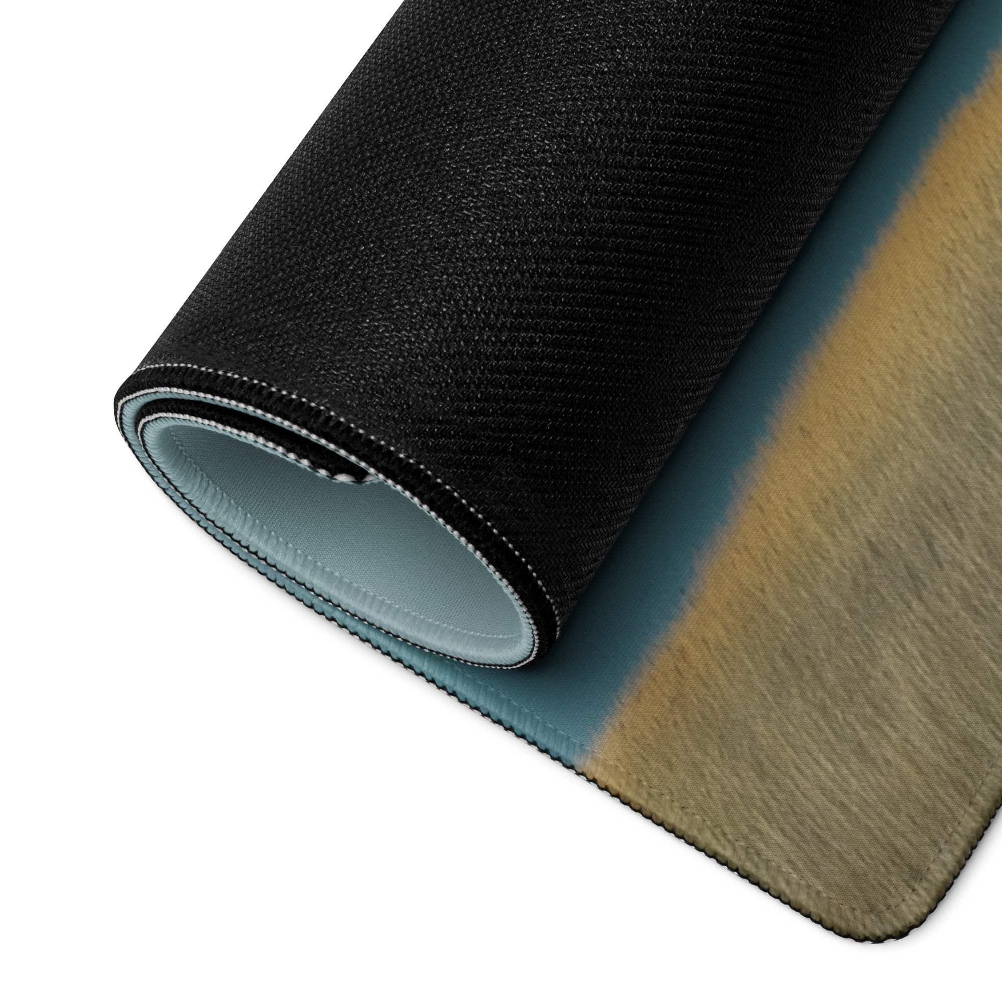 Calm Coastal large gaming mouse pad with teal-to-beige gradient, stitched edges