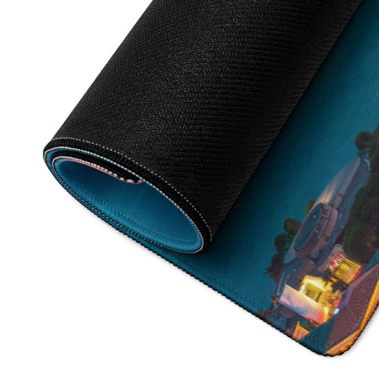 Black textured gaming mousepad with coastal city sunset design and teal lining