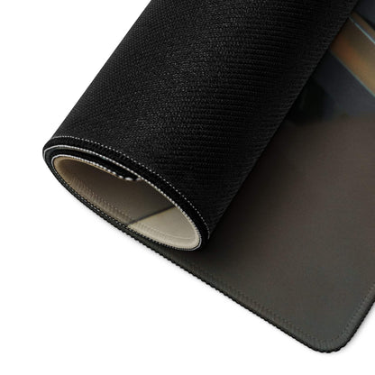 Black textured gaming mousepad with sheen, stitched edges, beige lining revealed