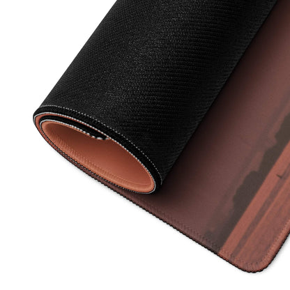 Black textured mousepad with brown desert design and tan leather lining