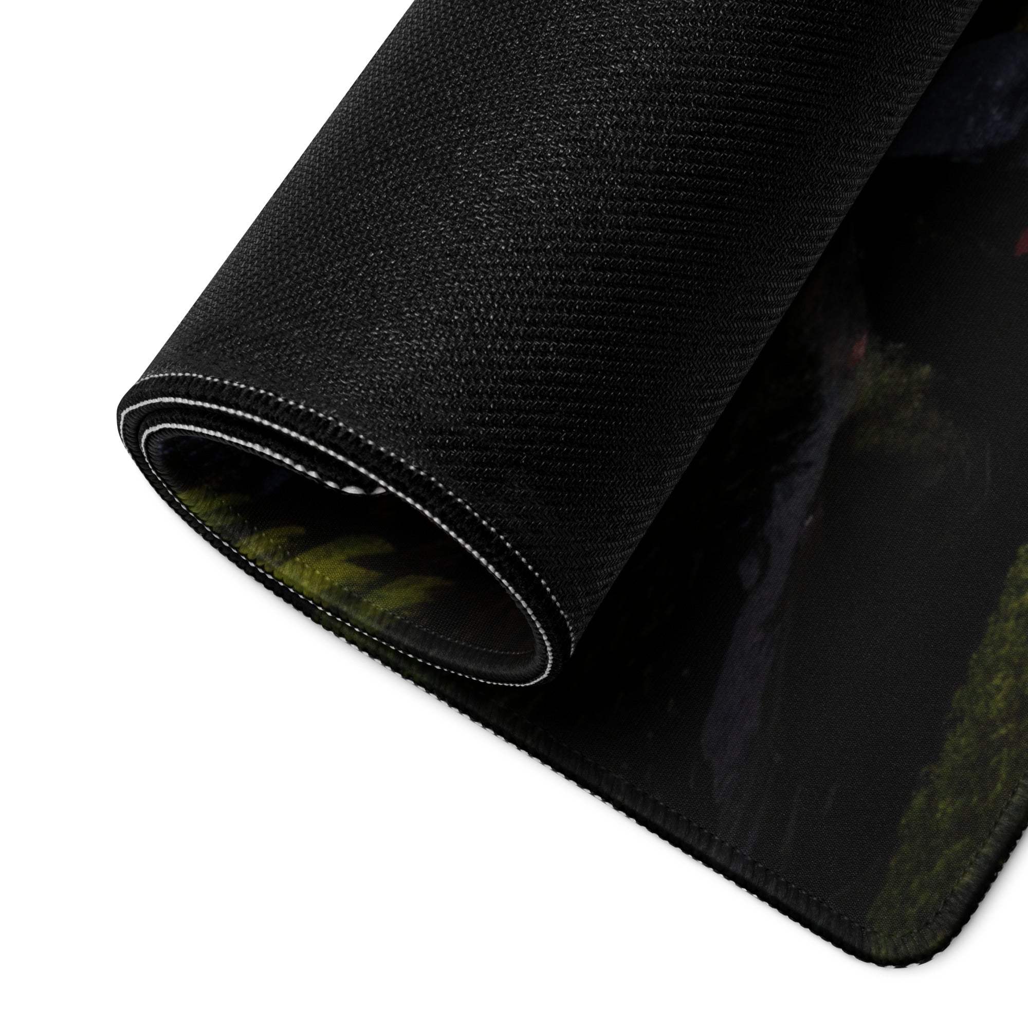 Tranquil Garden Scene large gaming mouse pad with green landscape, white edge stitching, non-slip base