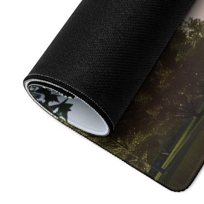 Black textured forest scene mousepad with non-slip base and stitching