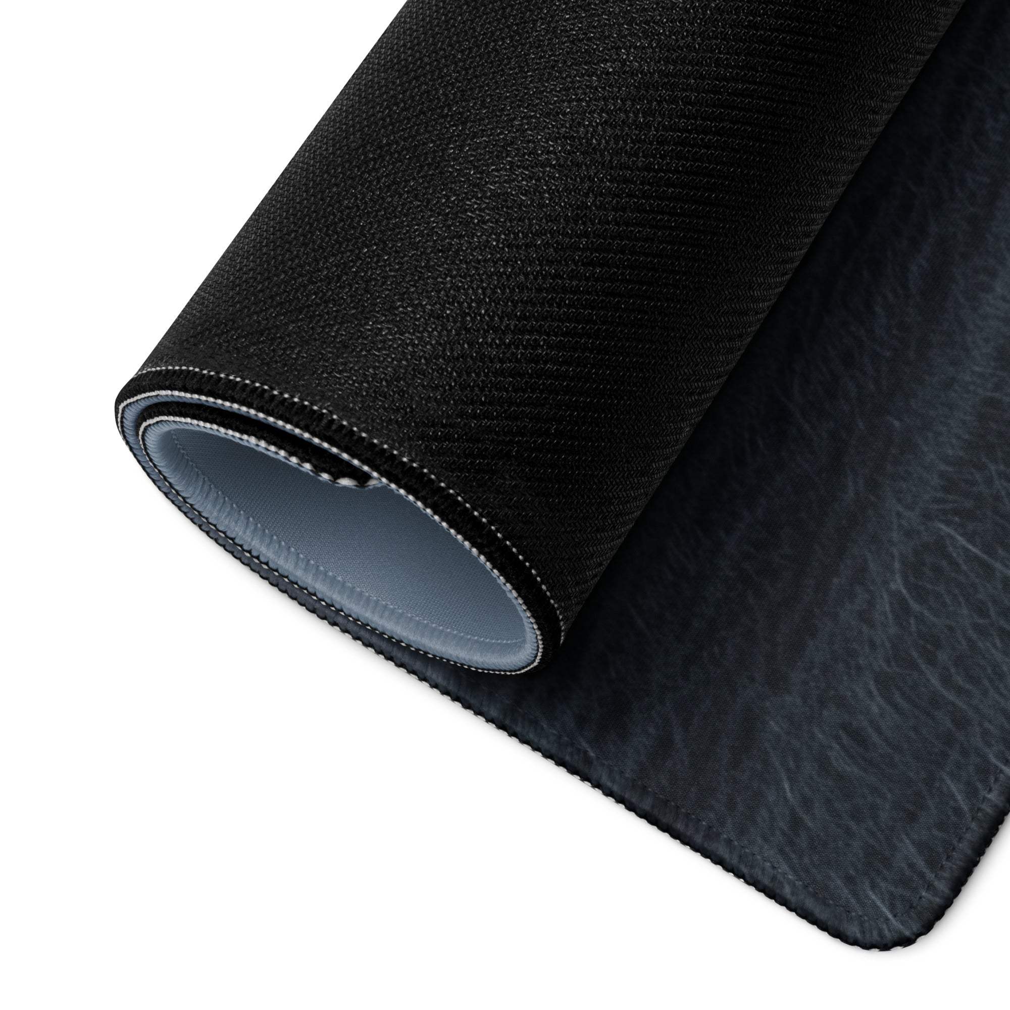 Black textured minimalist house scene gaming mousepad with gray lining and stitched edges