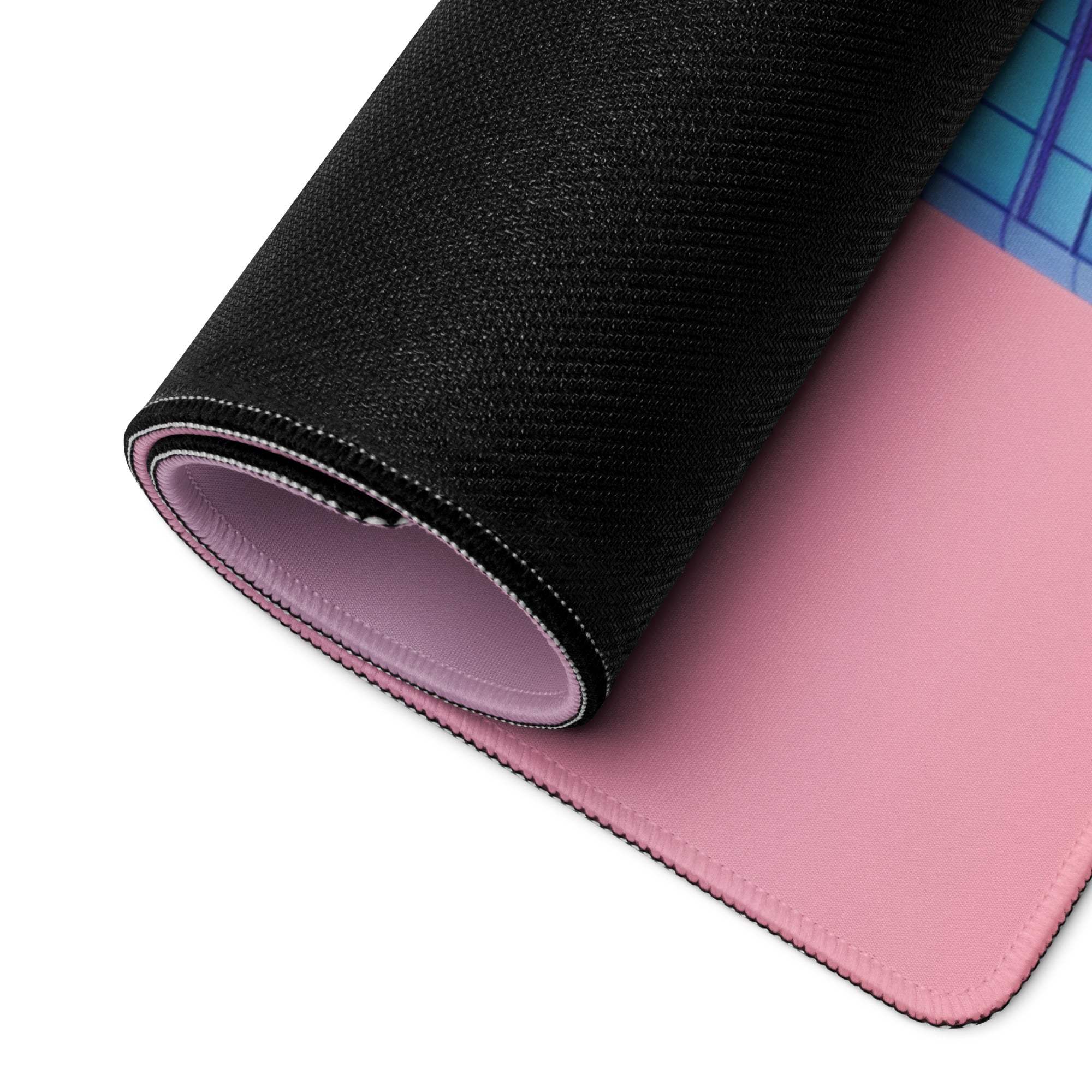 Pink black textured gaming mousepad with blue grid and neon pink gradient cityscape design