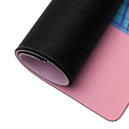 Pink black textured gaming mousepad with blue grid and neon pink gradient cityscape design