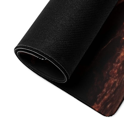 Autumn Park Bench Scene large gaming mouse pad with black marbled texture, rolled edge, white stitching, non-slip backing