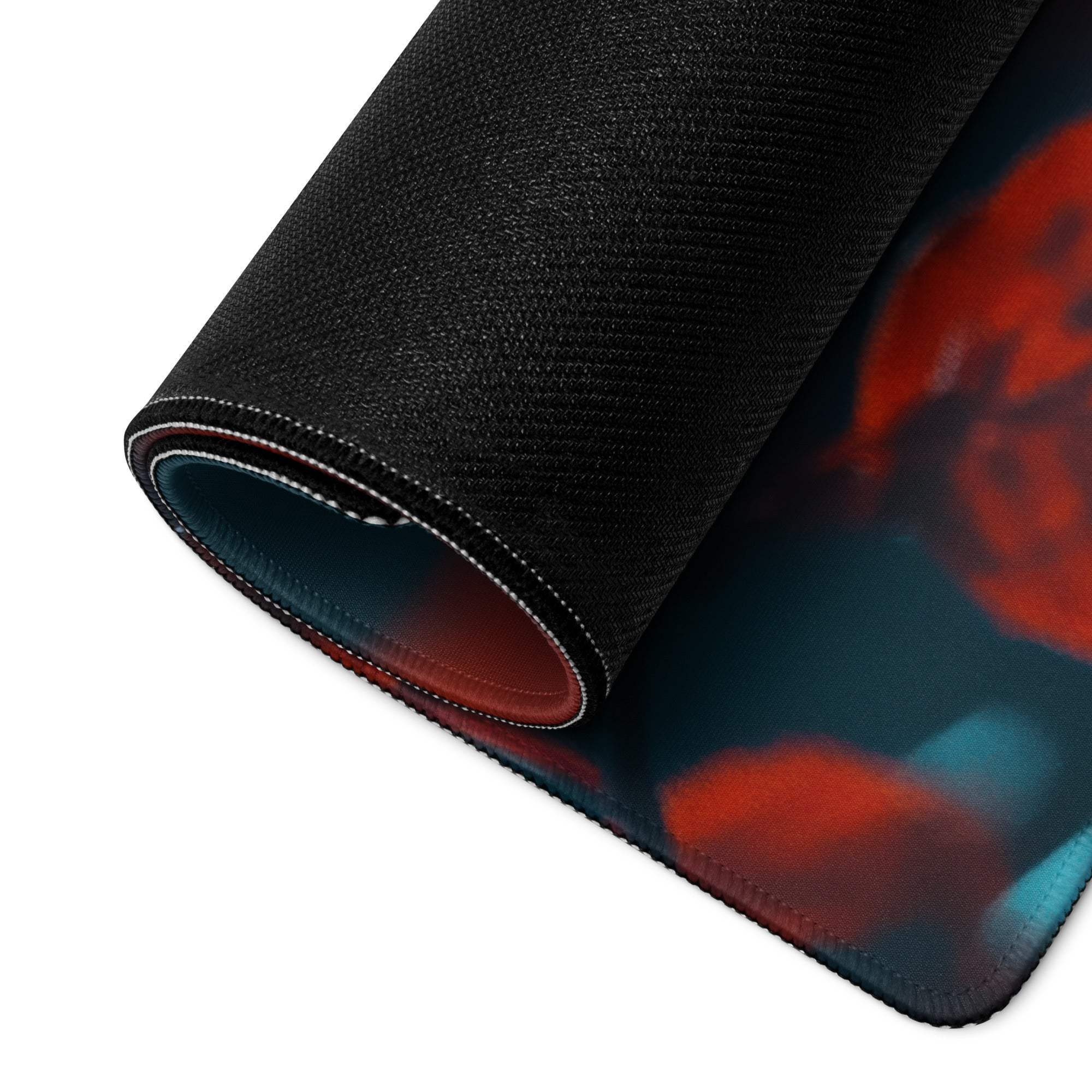 Black textured gaming mousepad with red teal abstract autumn sunset design