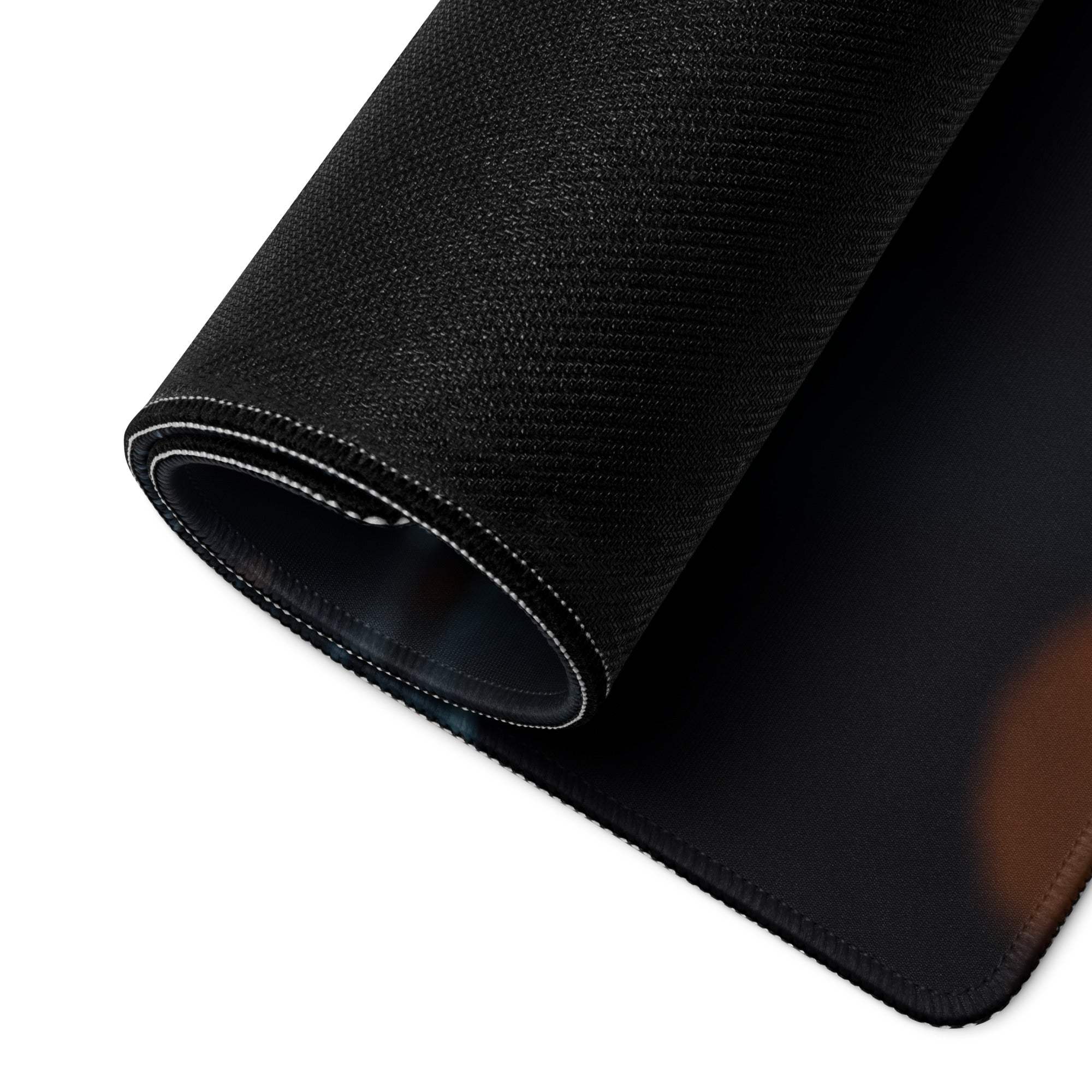 Black textured large gaming mousepad with stitched edges, brown design