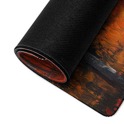 Black textured mousepad with oil painted autumn forest in orange tones