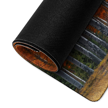 Black textured autumn forest mousepad with birch trees, orange foliage, non-slip base