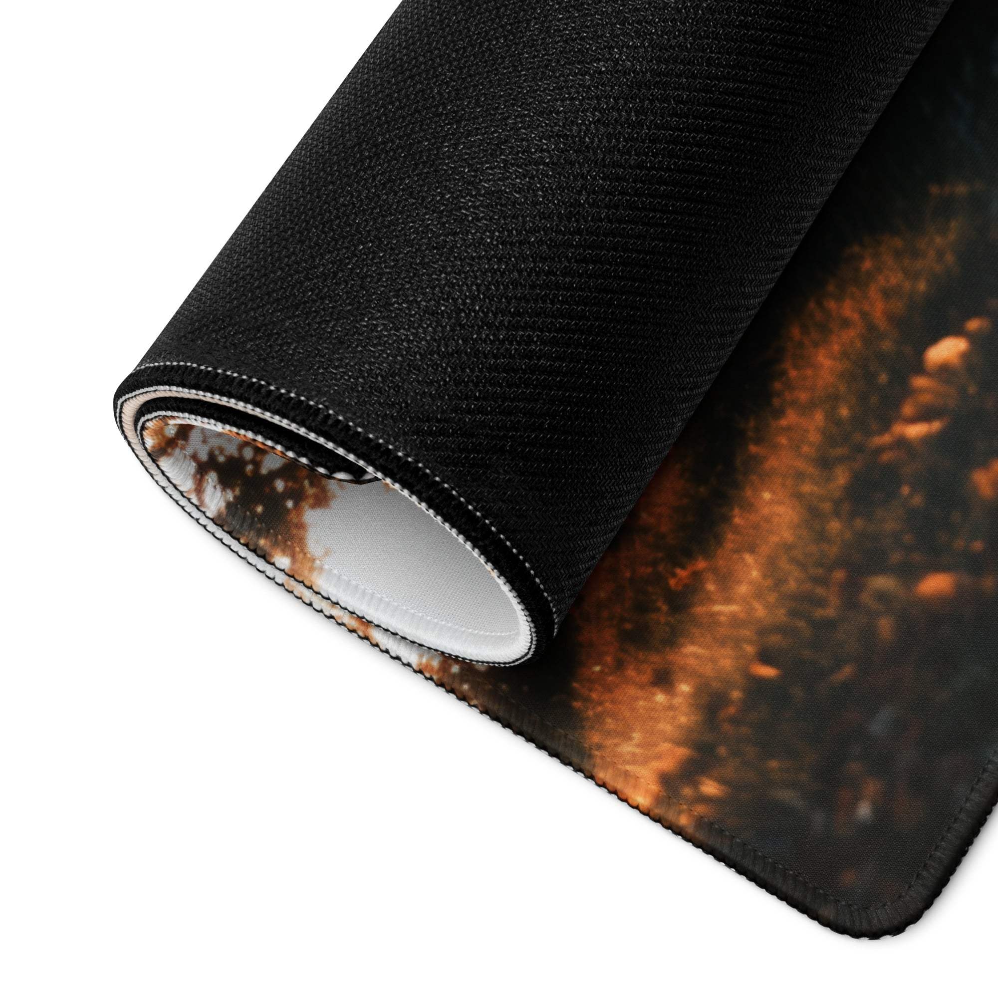 Large nature-inspired autumn forest path gaming mouse pad with fiery orange design