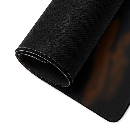 Black textured Moody Forest Night gaming mousepad with brown gradient and white edge stitching
