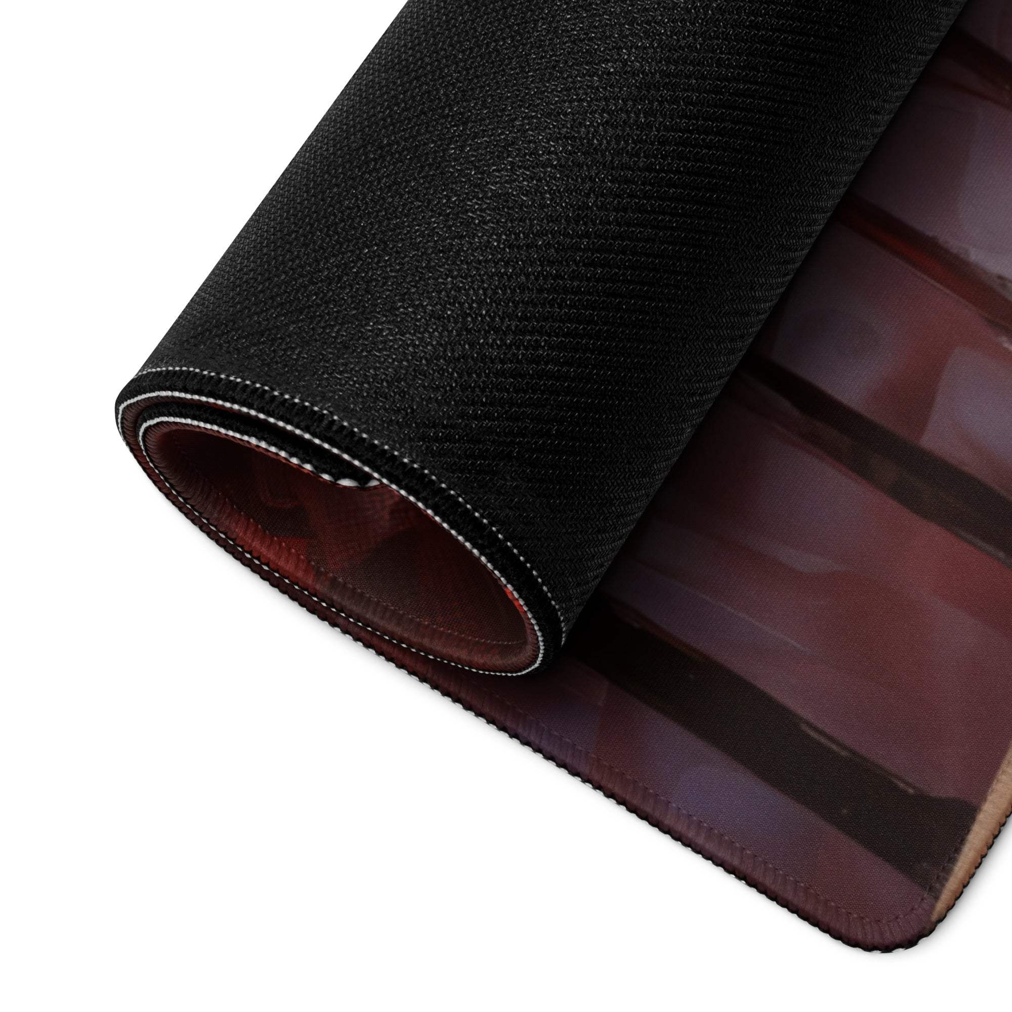 Black textured gaming mousepad back with rolled red edge stitching