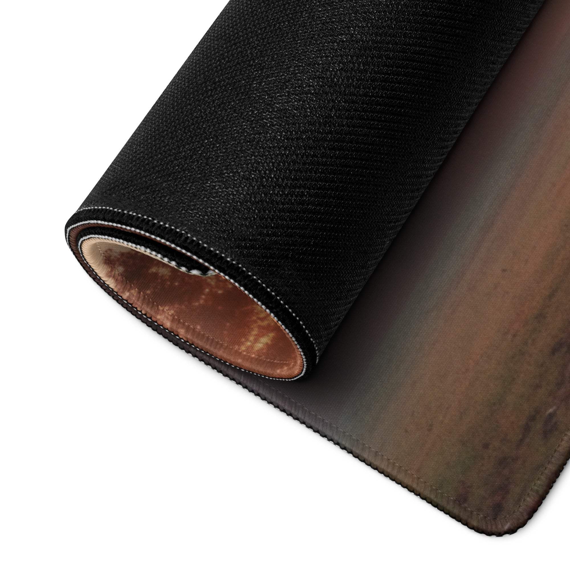 Back of Scenic Autumn gaming mouse pad with brown leather-like underside and stitched edges