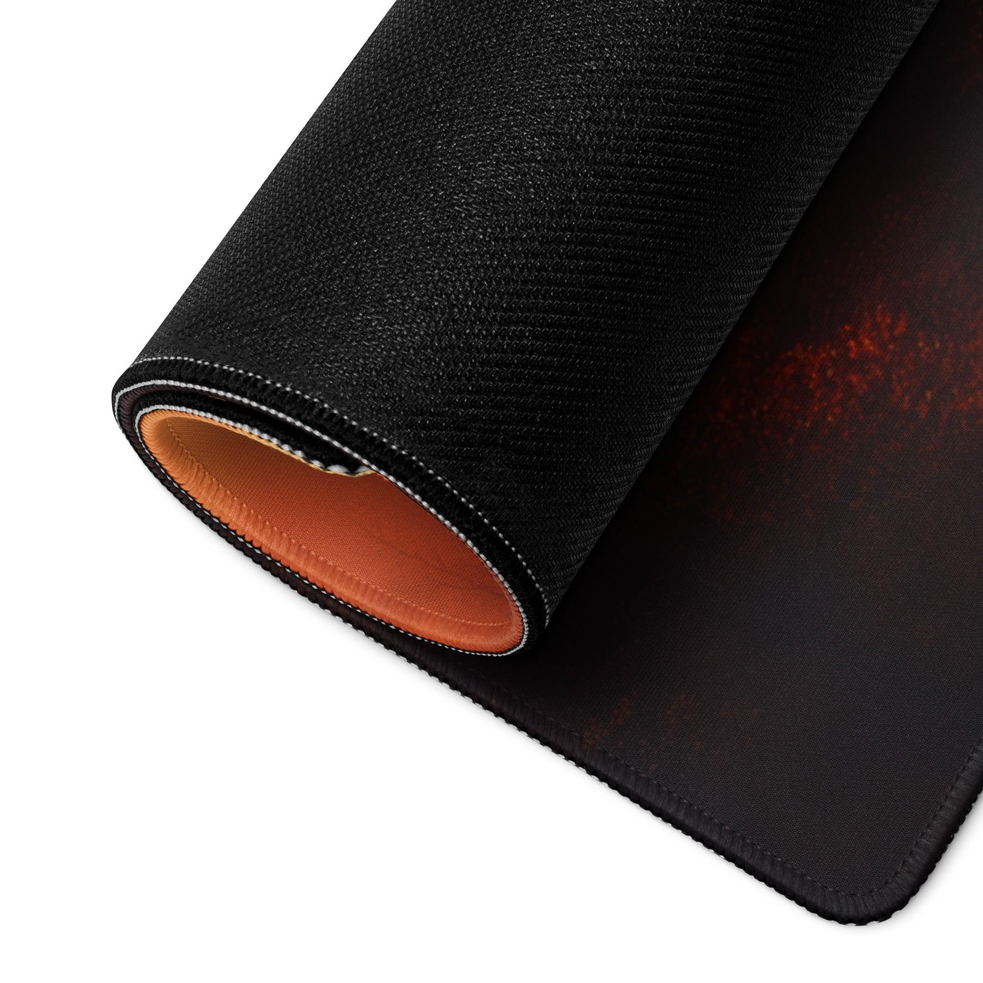 Premium large forest sunrise gaming mouse pad with black texture, red glow, orange lining