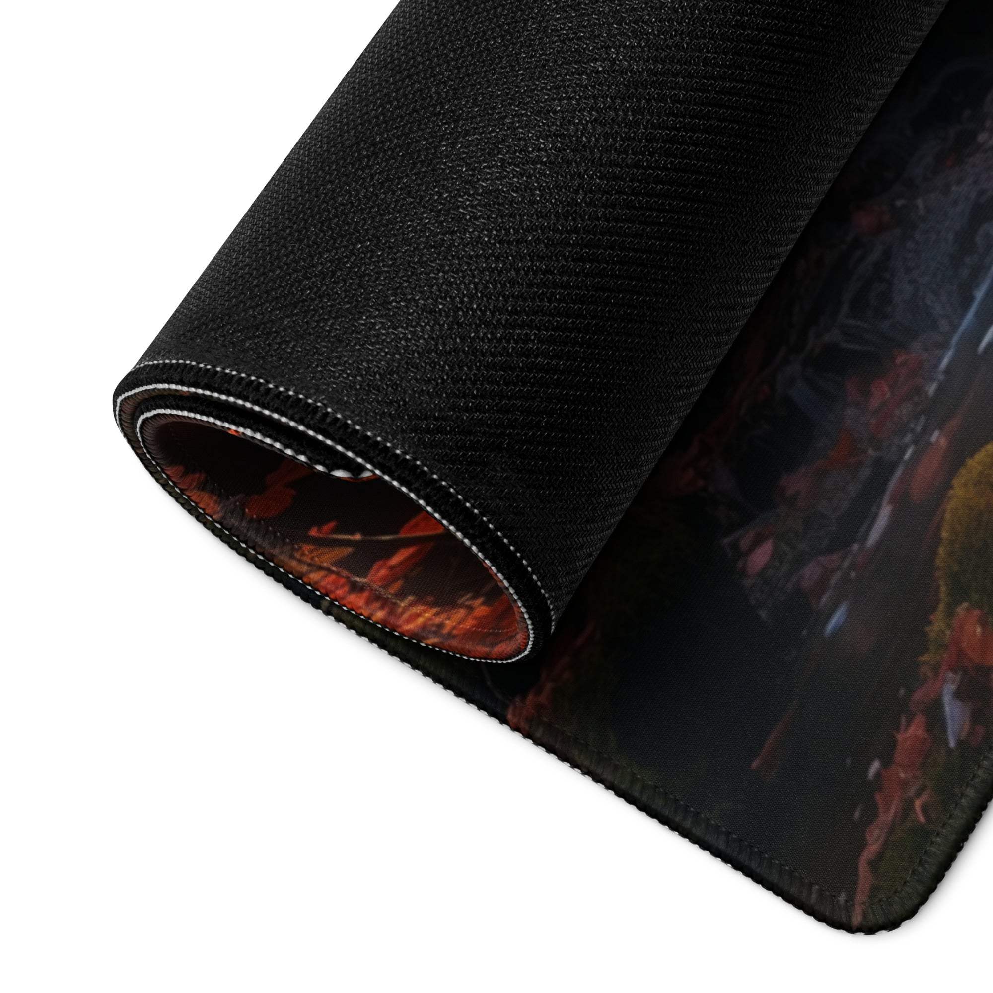 Backside of Epic Waterfall gaming mouse pad with fiery orange-red underside