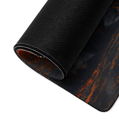 Black textured gaming mousepad with fiery orange black autumn forest design