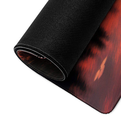 Black gaming mousepad with fiery red orange autumn sunset lake dock design
