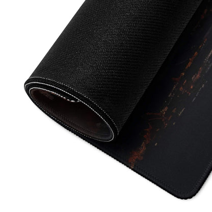 Black textured gaming mousepad with red orange circuit patterns and non-slip base