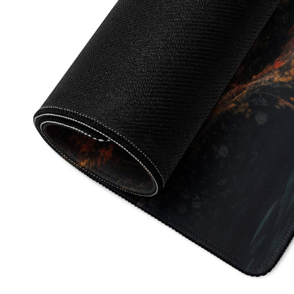 Black textured gaming mousepad with fiery cosmic design