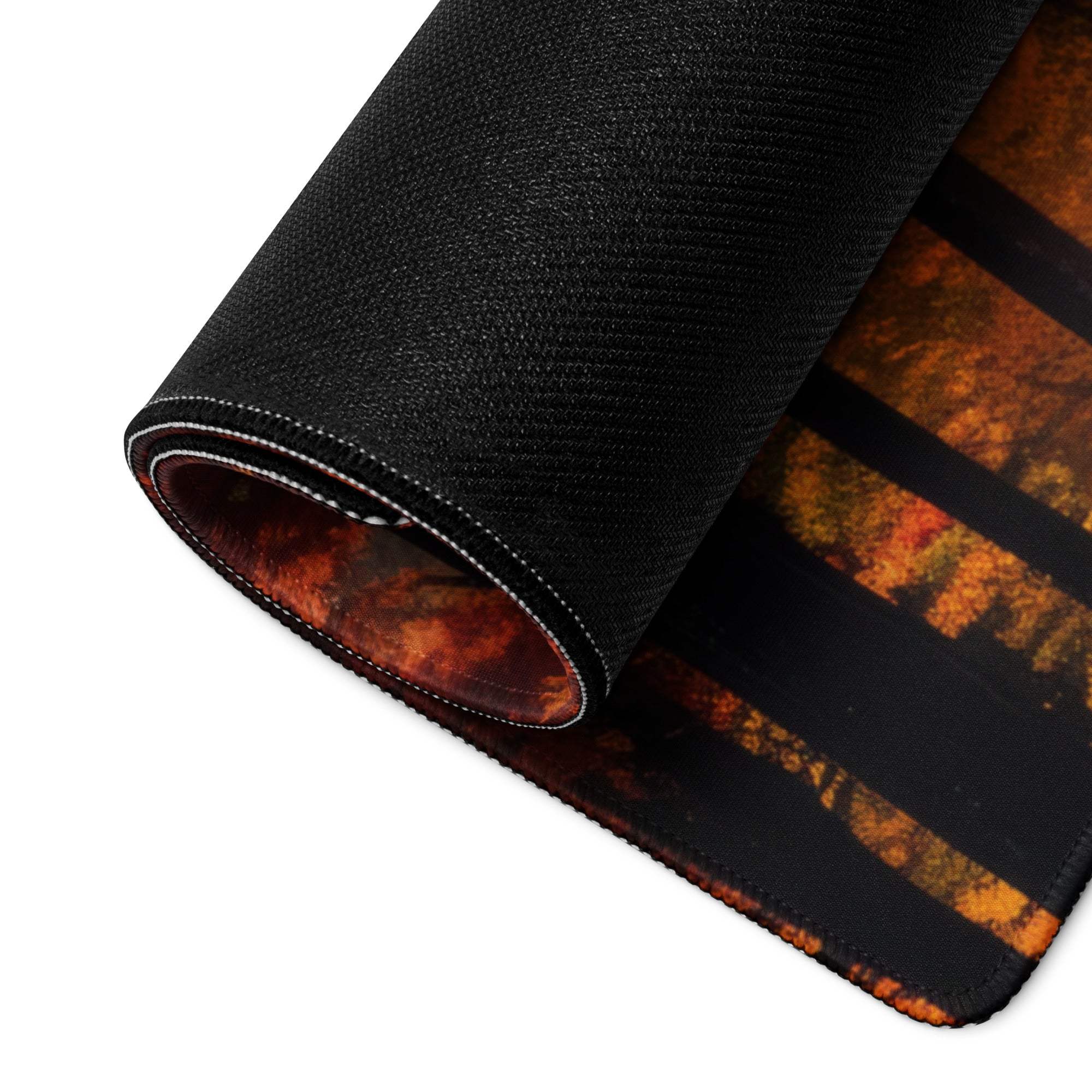 Black gaming mousepad with fiery orange red abstract design