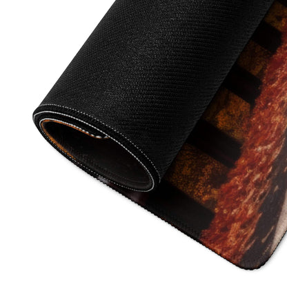 Black textured mousepad with rolled edge and vivid autumn forest road graphic