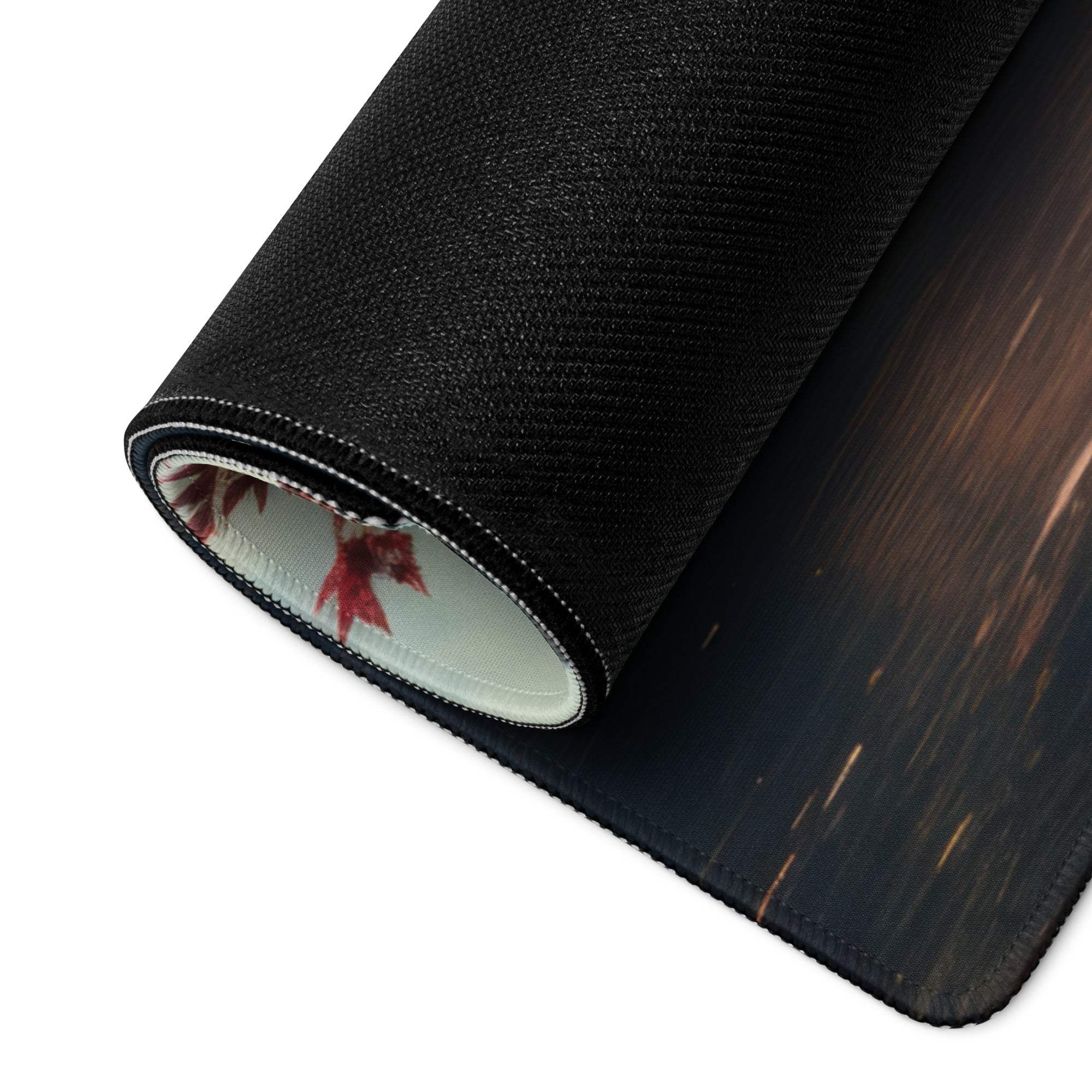 Autumn Forest large gaming mouse pad with black wood-grain texture and red maple leaf lining